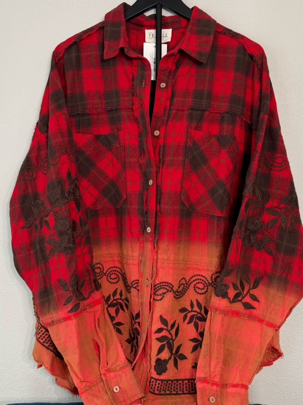 Oli & Hali Mineral Washed Plaid Embroidered Shirt Relaxed Cotton Women Size L - Picture 13 of 16
